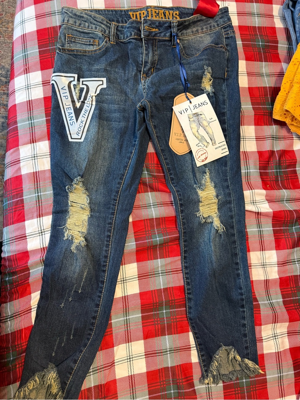 VIP Jeans Distressed Dark Blue Denim with White Patch